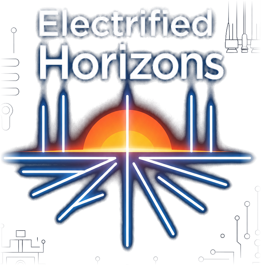 Electrified Horizons logo with neon sunrise and light rays